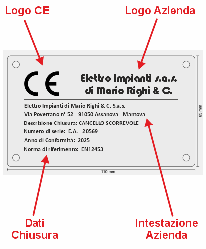 Esempio targhetta CE in PVC per cancelli e porte